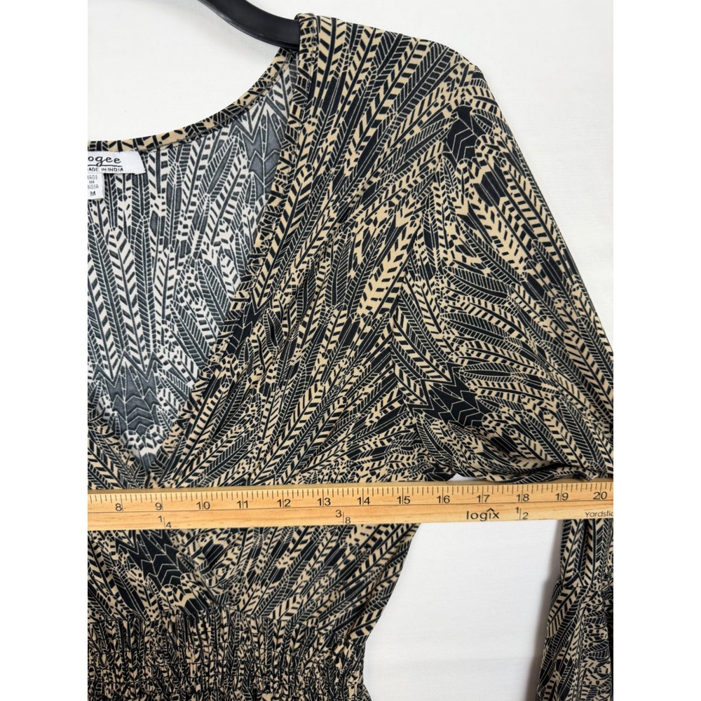 Sapogee Women Dress M Tan Black Geometric Leaf Smocked Waist Ruffle Bell Sleeve - Picture 5 of 14